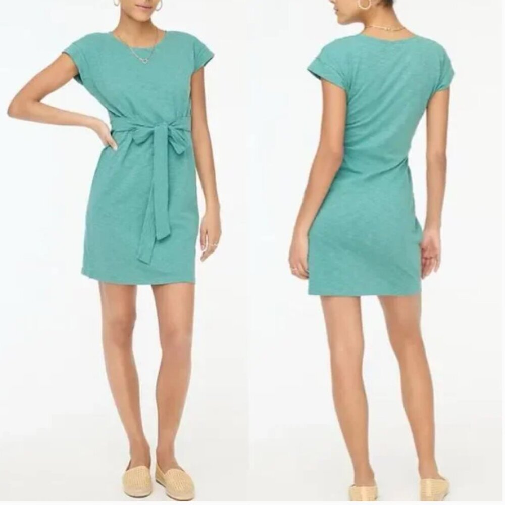 J. Crew Cotton Knit Tie-Waist Mini T-shirt Dress in Frosty Mineral Green M‎